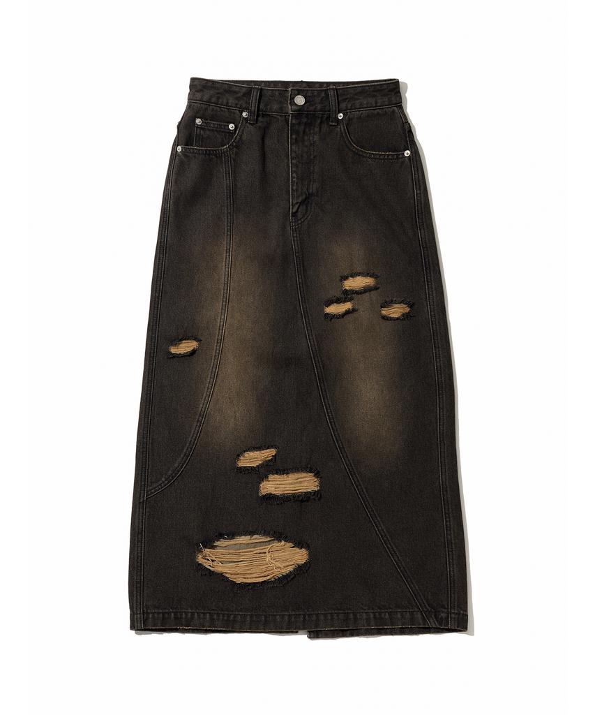 1993 Studio Damaged Washed Denim Long Skirt_Black
