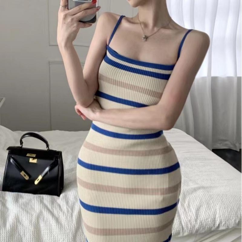 Elegant Camisole Dress Women's Summer New Sleeveless Slim Knitted Striped Midi Dress