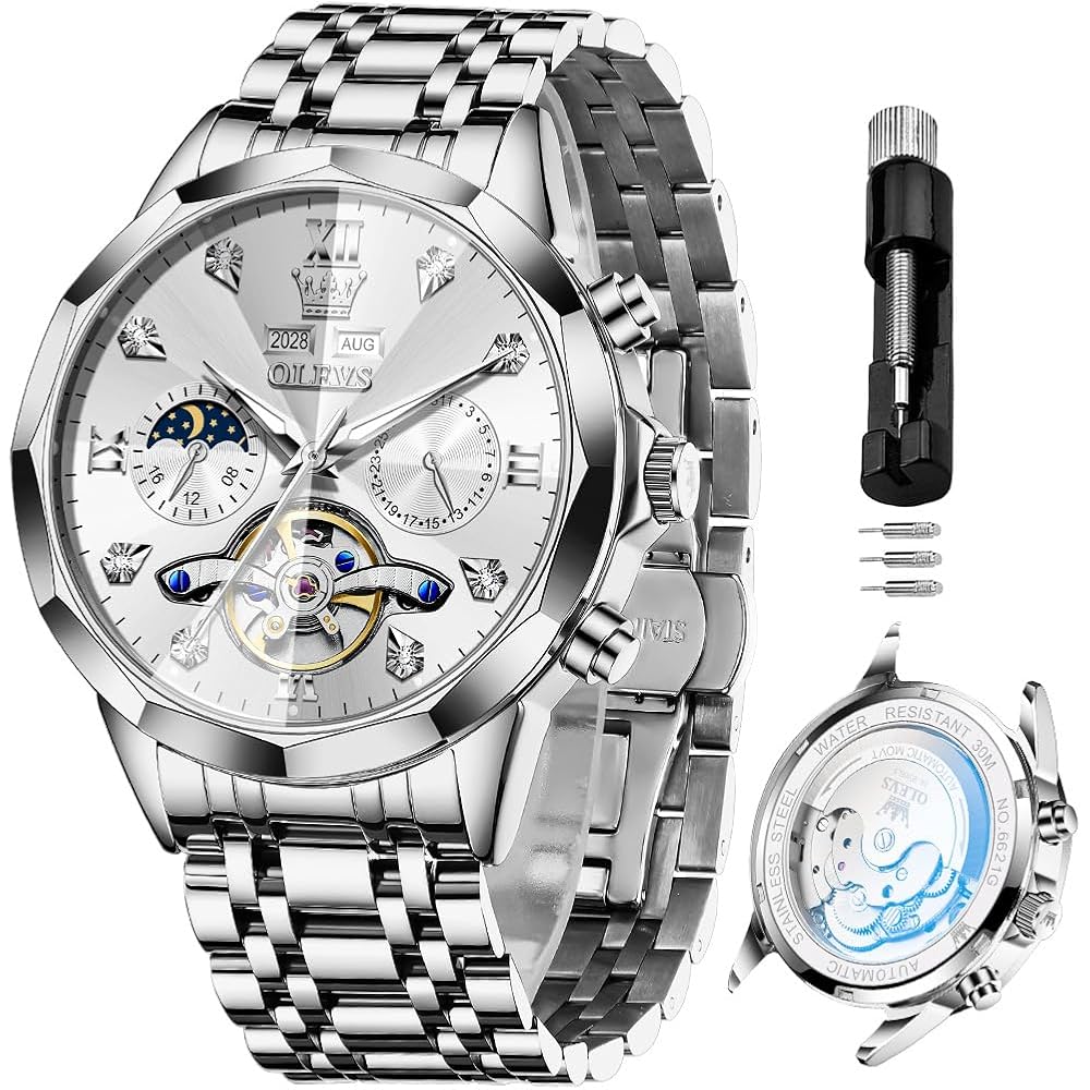 OLEVS Automatic Men s Business Dress Watch Stainless Steel Waterproof Classic Date Luxury Diamond All-Silver Watch
