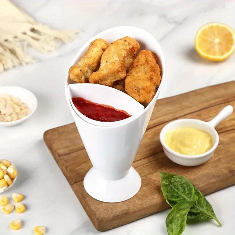 1pc 2 In 1 French Fries Cups Plastic Cups Sauces Snacks Dessert Plate Ketchup Slant Cup Two Cup Spout Kitchen Accessories