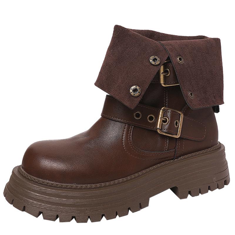 British style casual height increase women's Martin boots autumn and winter design sense retro two-wear medium tube thick-soled folded fashion boots