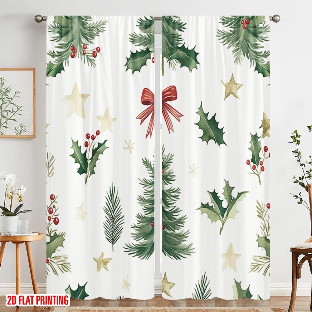 2 Stück, 2D-Flachdruckmuster Vorhänge Weihnachtsbaum Stechpalmenbeeren Schleifen (2) 100% Polyester (ohne Stange) Perfekt für alle Jahreszeiten