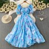 French beautiful super fairy chiffon printed square neck bubble sleeve dress women's vacation waist thin ruffle edge dress