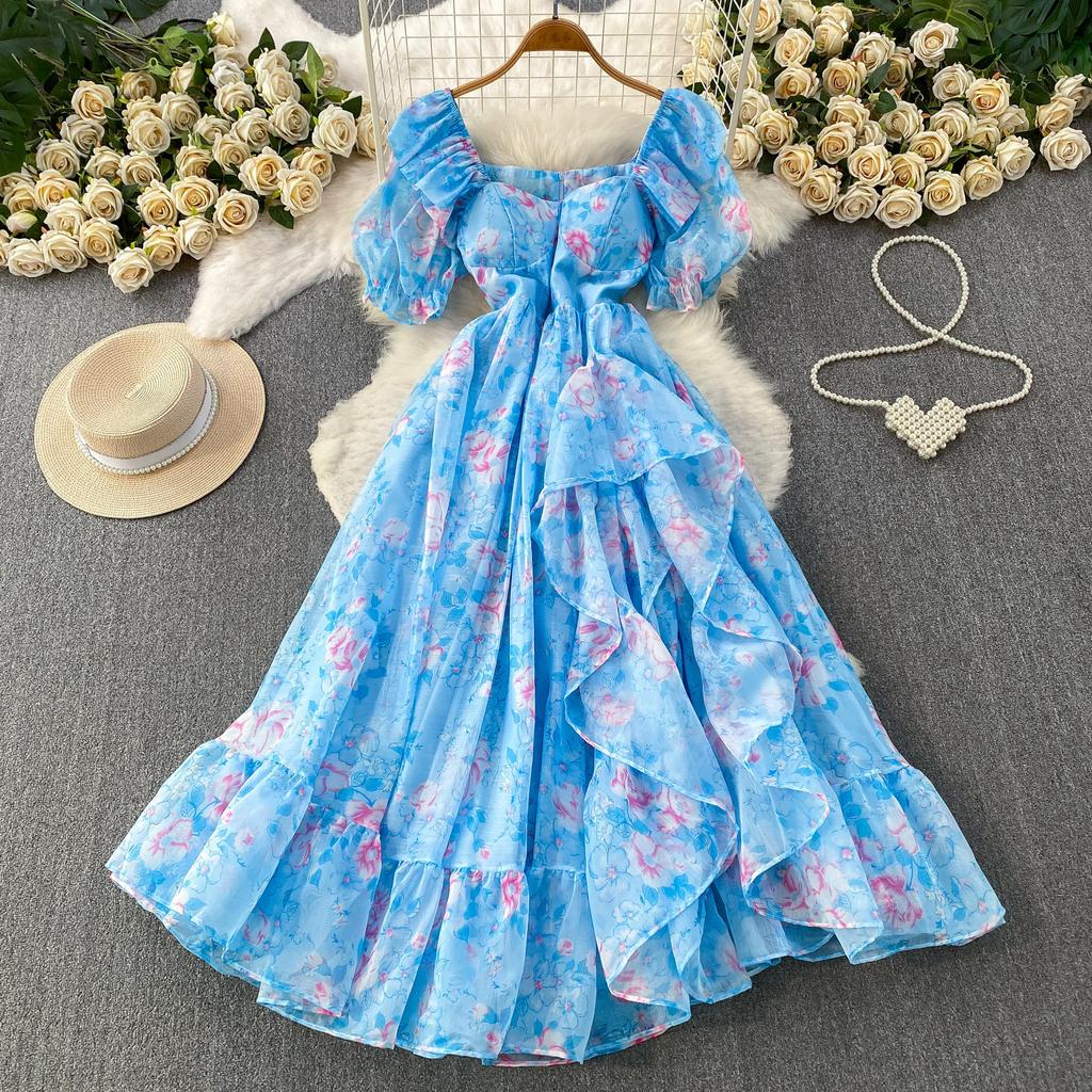 French beautiful super fairy chiffon printed square neck bubble sleeve dress women's vacation waist thin ruffle edge dress