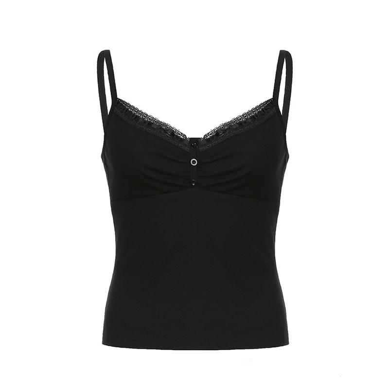 Sexy Folds Buttons Sleeveless Crop Top Black Vintage Y2K Corset Tops  Casual Basic T-shirt