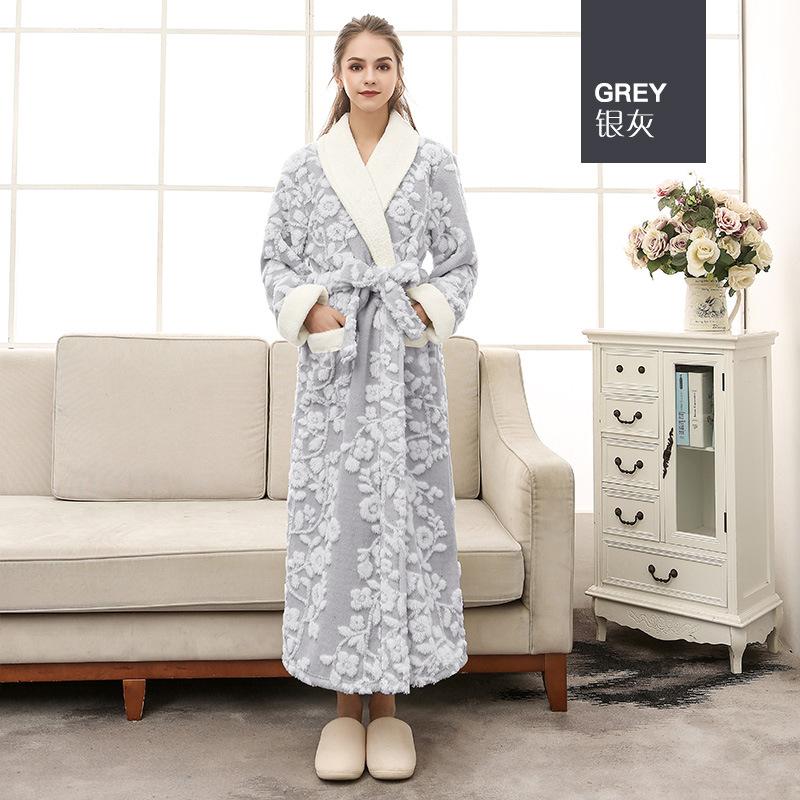 European and American Style Women's Winter Warm Lace Up Robe Couples Jacquard Double Layer Bathrobe Plus Size Thickened Long Loungewear with Pockets