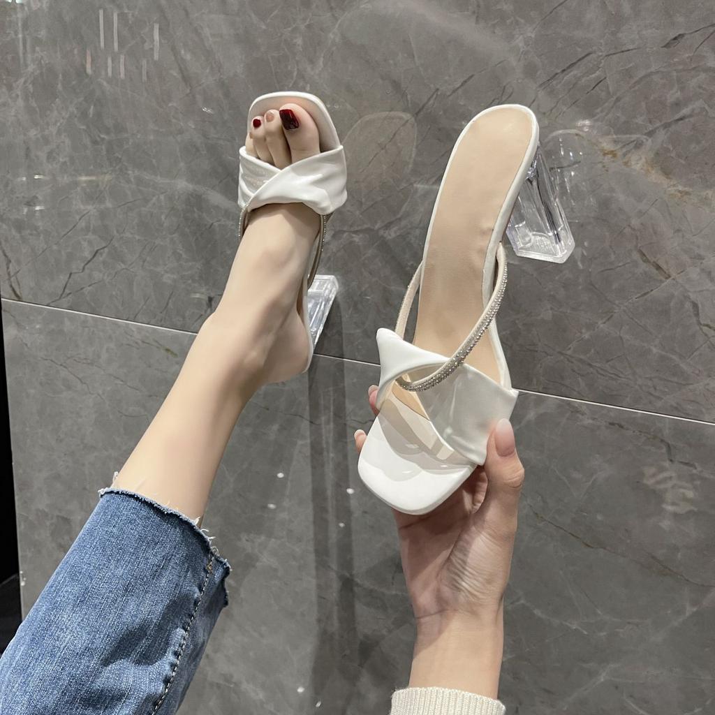 Fashion versatile high heels women's summer wear 2025 new transparent crystal heel comfortable rhinestone sandals women