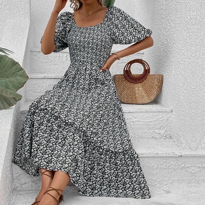 Qybian Abito Midi da Donna Floreale Senza Schiena Scollo a V Manica Corta Boho Estivo da Spiaggia Abito Lungo Orlo Alto Basso Abito Donna Sexy