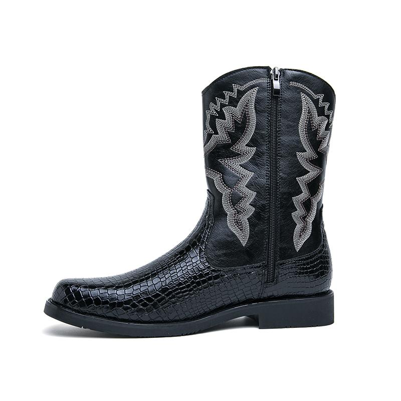 Módní zimní západní kovbojské boty pro muže Módní vyšívané kožené boty s mezipodešví Nízký podpatek Retro vysoce kvalitní motocyklové boty