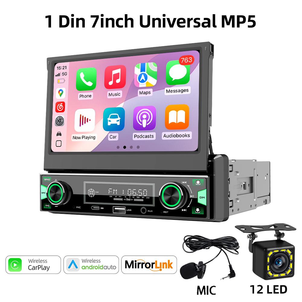 1Din 7'' MP5 Radio Player FM AM RDS Automatic Retractable Screen Wireless Carplay Android Auto Multimedia USB Type-C Car Stereo