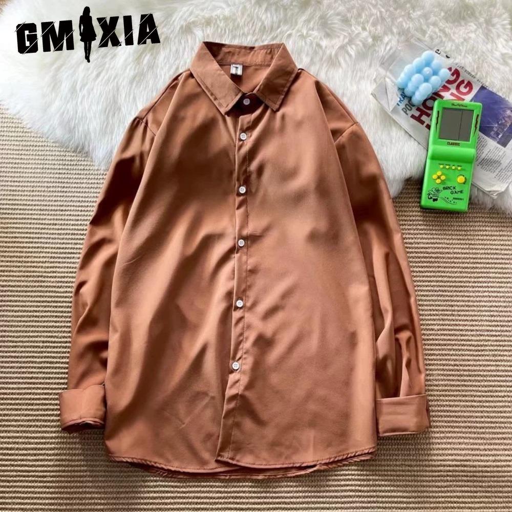 

GMXIA Жіночі модні повсякденні одноколірні блузки та сорочки з довгими рукавами та вирізом з горловиною XXXL коричневий