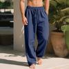 Mens Linen Wide Legs Pants Summer Solid Color Loose Casual Pants Breathable Drawstring Elastic Waist Straight Trousers with Pockets
