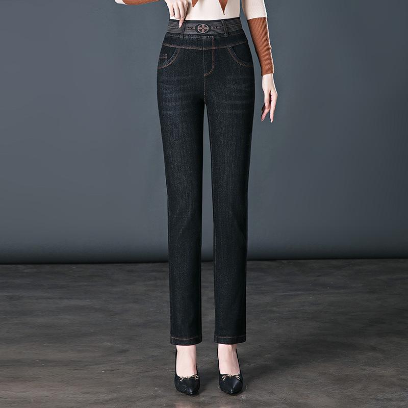 Herfst en winter jeans dames hoge taille elastisch medium damesbroek, dun en warm, verdikte warme rechte broek