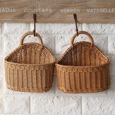 Handmade Pastoral Woven Plastic Hanging Wall Basket for Home & Cafe Decor