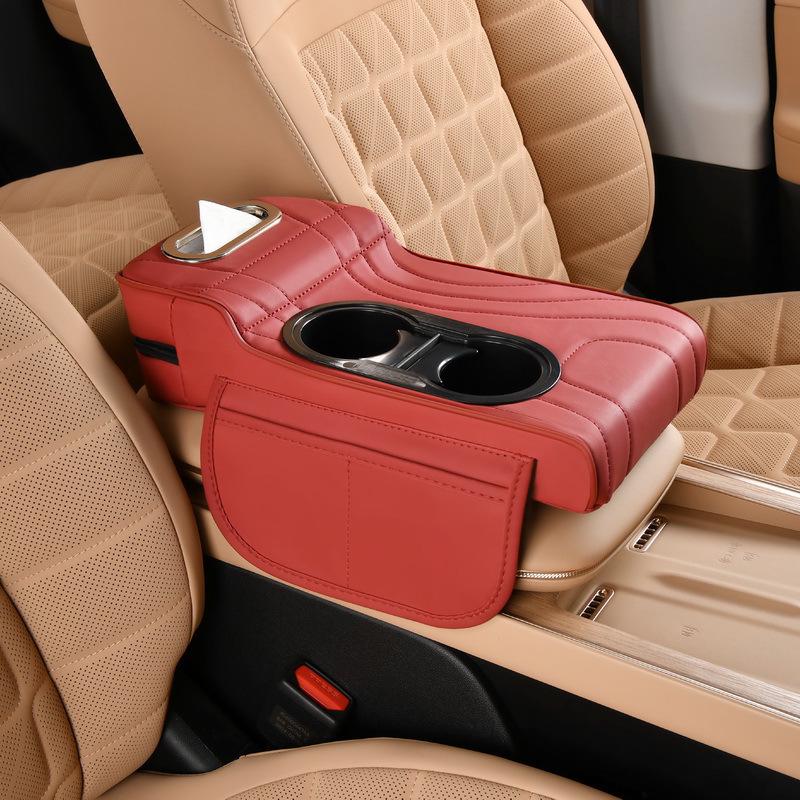 2025 Premium Leather Car Armrest Cover with Riser Pad & Dual Cup Holder