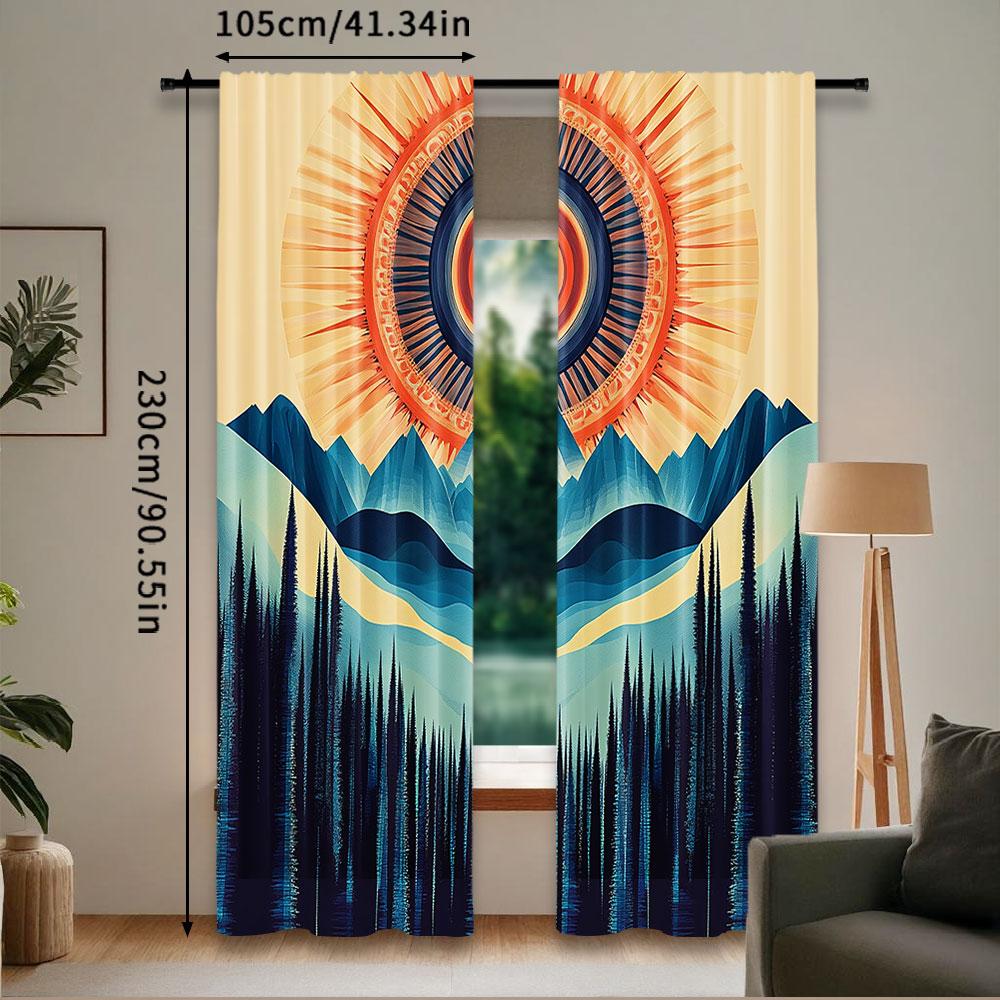 2Pcs Boho Curtain Mid Century Wilderness With Mountain Scenery Forest And Sun For Bedroom Living Room Dining Room And Bathroom A