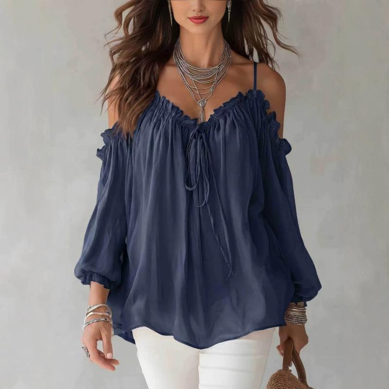 Women Casual Off Shoulder Ruffle V Neck Lace Up Strap Long Sleeve Shirt