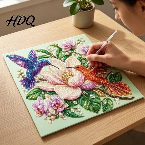 Floral Faux Pearl Design Hummingbird Art Kit Flower Bird Painting DIY Handmade Mosaic 3D Wall Craft Kit for Adults Gift Zen Project