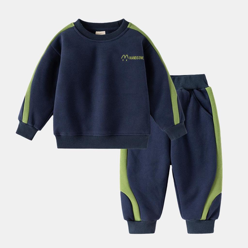 Boys Korean Style 2025 Sports Velvet Hoodie and Trousers Set