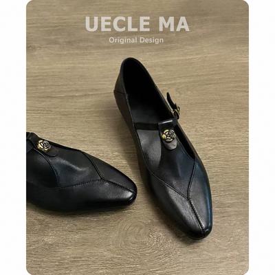 Sheepskin Version~ Leather Shoes Camellia Retro Mary Jane Shoes for Women Who Are Not Tired of Thick Heels T-belt French Light Mouth Single Shoes