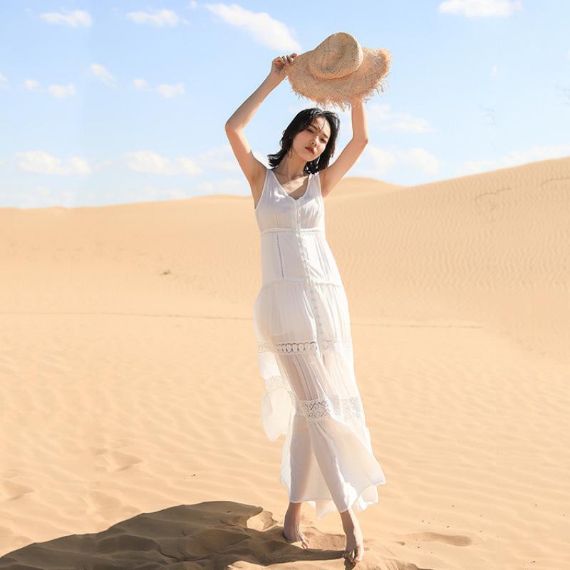 Forest Chic White Spaghetti Strap Dress - Gentle Fairy Long Vacation Dress Sanya Beach Style (f2105)