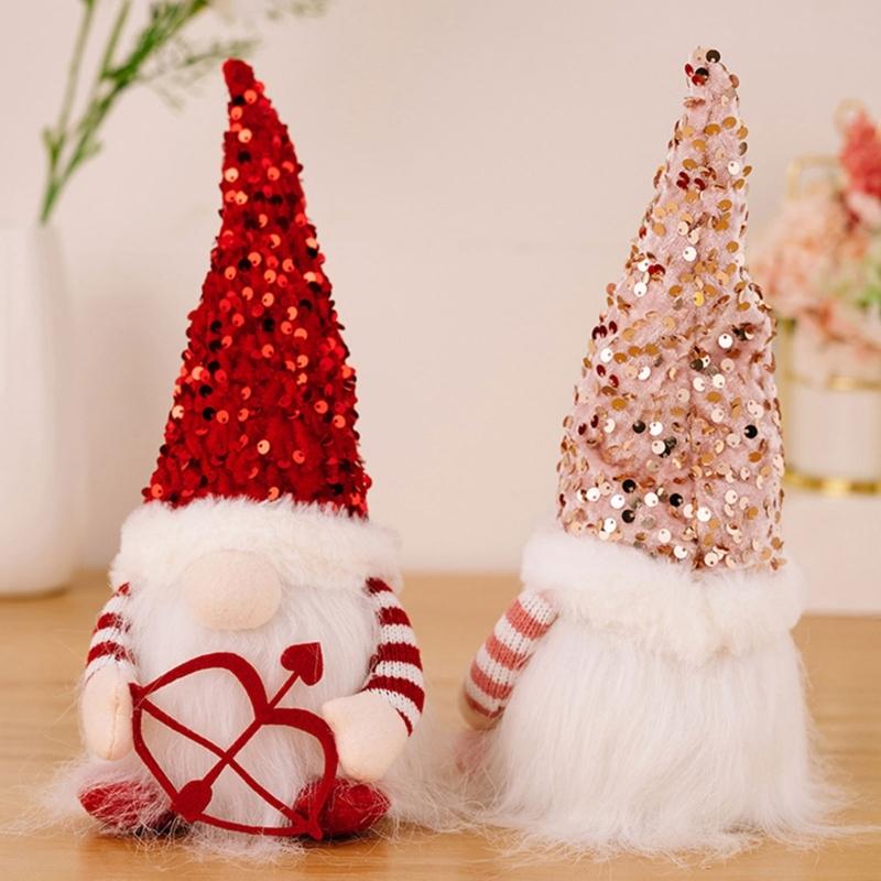 Valentine's Day Gnome Sequins Hat with Led Light Plushes Beard Doll Ornament for Elf Decoration New Year Holiday Gift