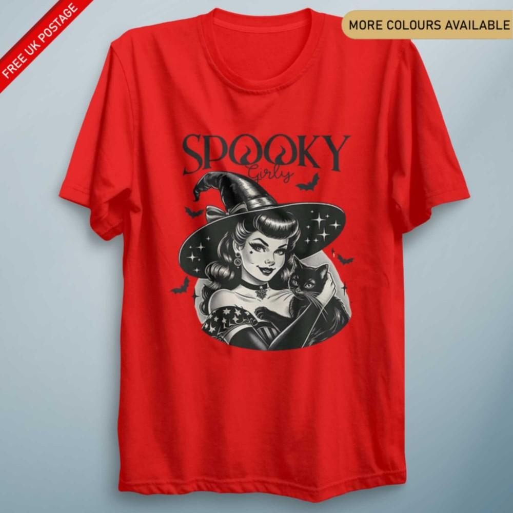 Spooky Girl Witch Black Cat Vintage Style T Shirt Halloween Costume Gothic Tee S