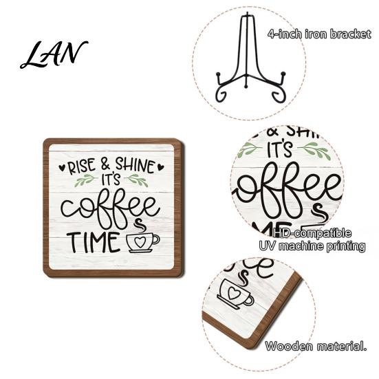 Decorative Wooden Stand Coffee Themed Tabletop Sign, Rustic Kitchen Bar Plaque with Iron Table Display Stand, Farmhouse Home Dining Room Countertop