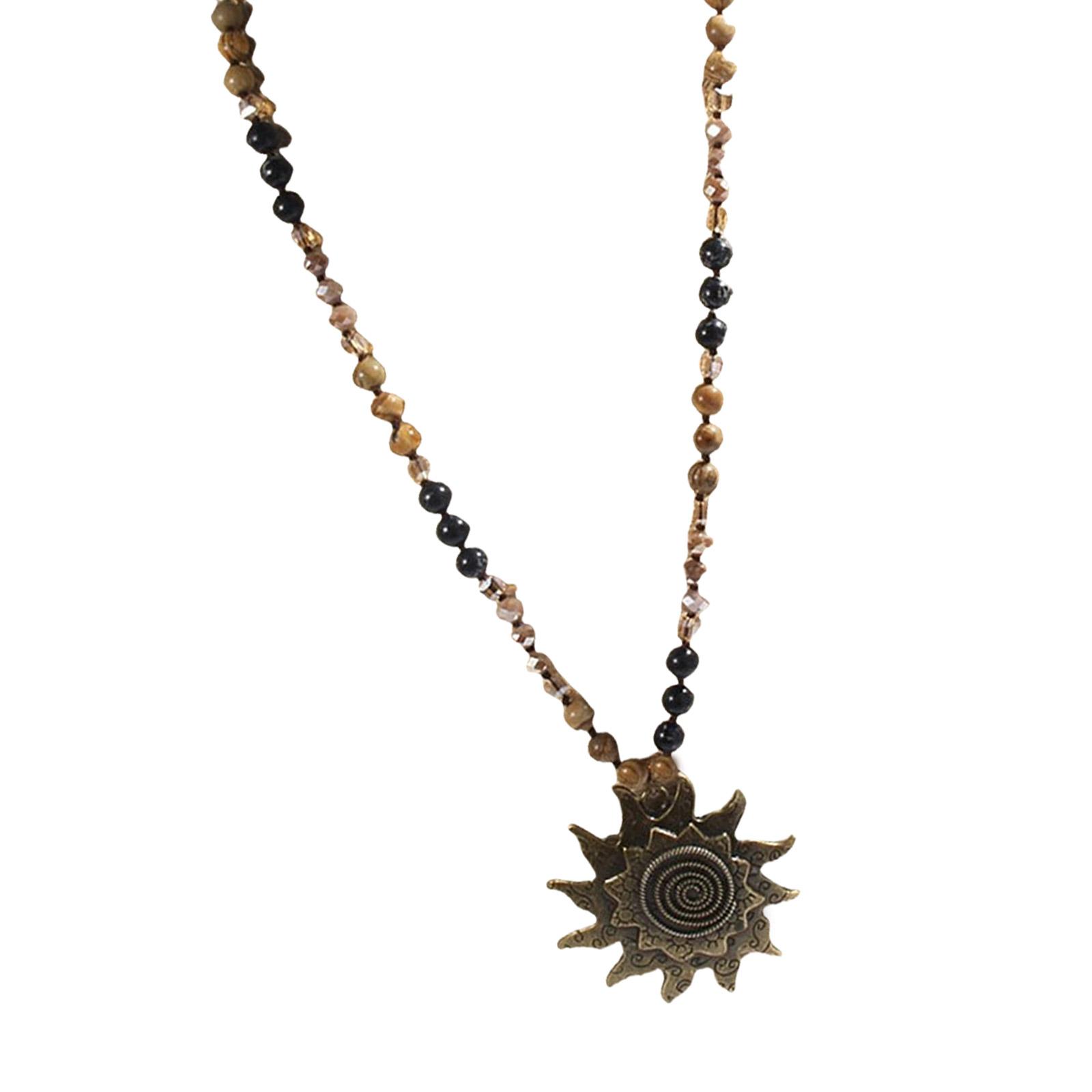 

Ethnic Inspired Sun Pendant Necklace 8mm Natural Stone Charm Neck Chain Beaded Neckwear Vintage Neck Jewellery Gift чёрный