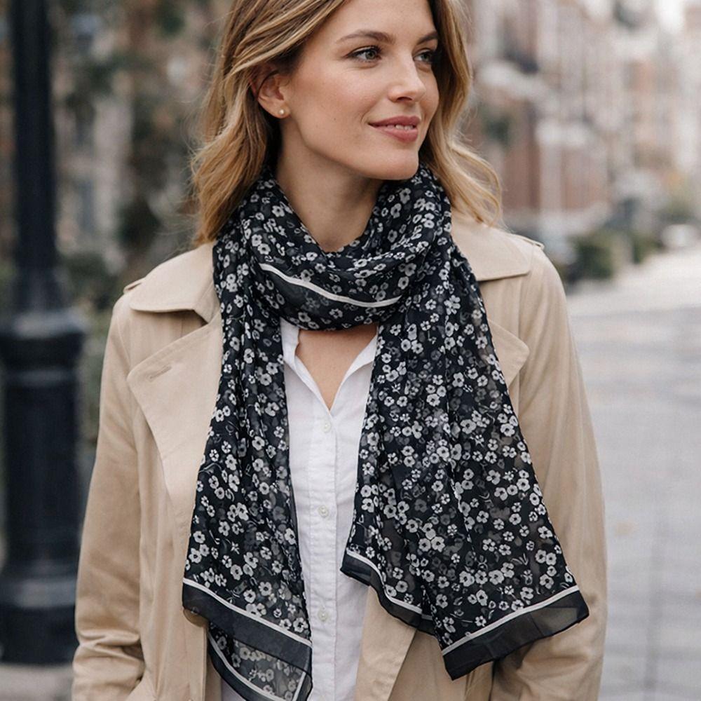 Floral Print Sunscreen Shawl Long Shawl Silk Elegant Chiffon Scarf  Women's Fashion