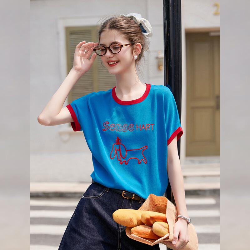 Bailuyu Women s Puppy Embroidered Short Sleeve Knit Top M