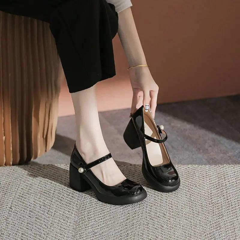 Fashion Pearl with Medium Heels Round Toe Square Gothic Mary Jane Japanese Style Lolita Ladies Footwear Women's Shoes Beau Today on Sale