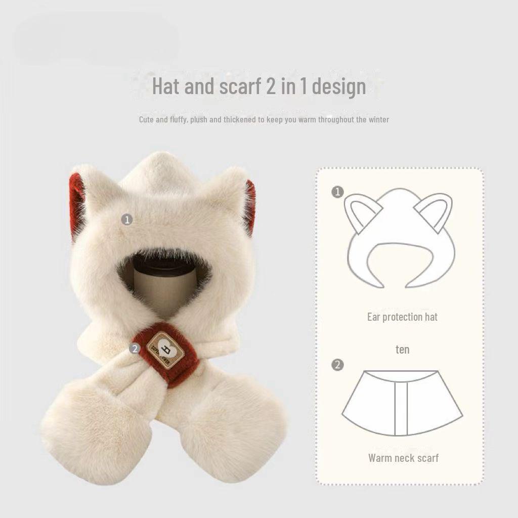 Damen Niedliche Pelzige Fuchsöhren Mütze und Schal mit Ohrenschützern - Winddichte Winter Radfahrausrüstung