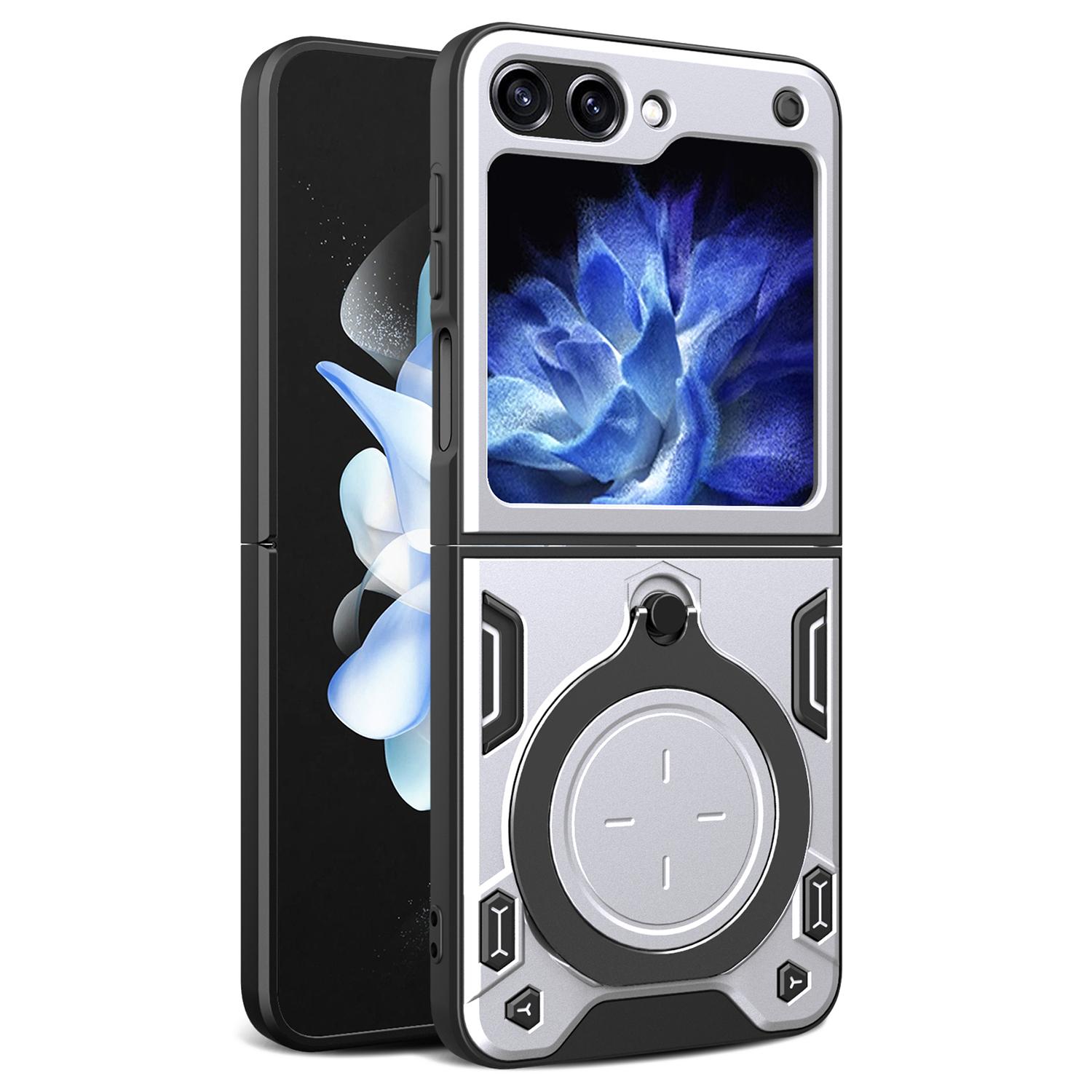 

For Samsung Galaxy Z Flip5 5G PC+TPU Phone Case Rotating Kickstand Protective Cover Silver