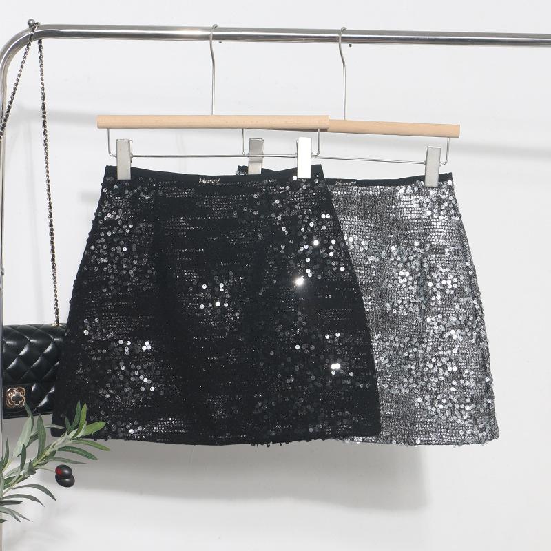 Heavy Industry Silver Sequined Skirt Female Small 2025 Sparkling Streamer A-line Bag Hip Skirt Zipper Uchimura Female Skirt