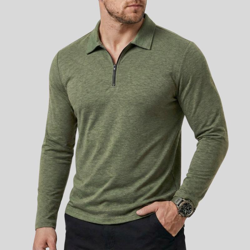 Men Turn Down Collar Half Zip Long Sleeve Polo Shirt Slim Fit Solid Casual Business Tops