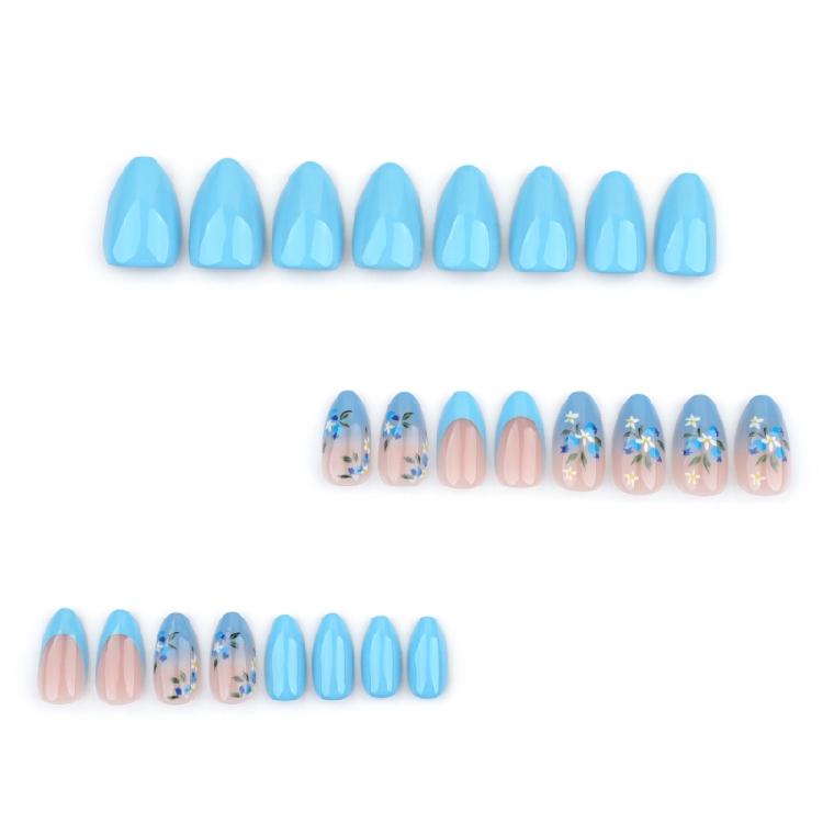 24 Pcs Glossy Press On Nail Solid Color False Nail Lovely Flowers Stick On Nail French Tip Artificial Nail