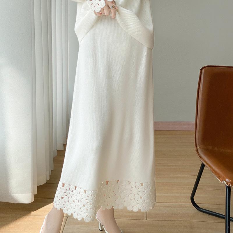 Autumn/Winter Pure Wool Knit Two-Piece Set: Round Neck Long Sleeve Top & Mid-Length Hollow Crochet Skirt