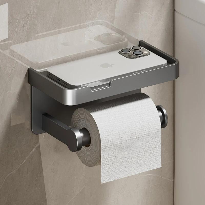 Aluminum Alloy Paper Holder Wall-Mounted Toilet Roll Paper Holder No Drilling Bathroom Kitchen Paper Holder