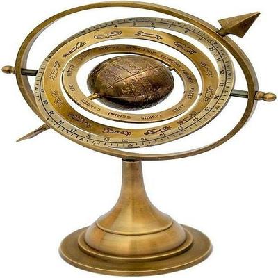 Armillarsphäre aus Messing mit Sonnenuhrpfeil, nautischem, maritimem Astrolabium, graviertem Globus