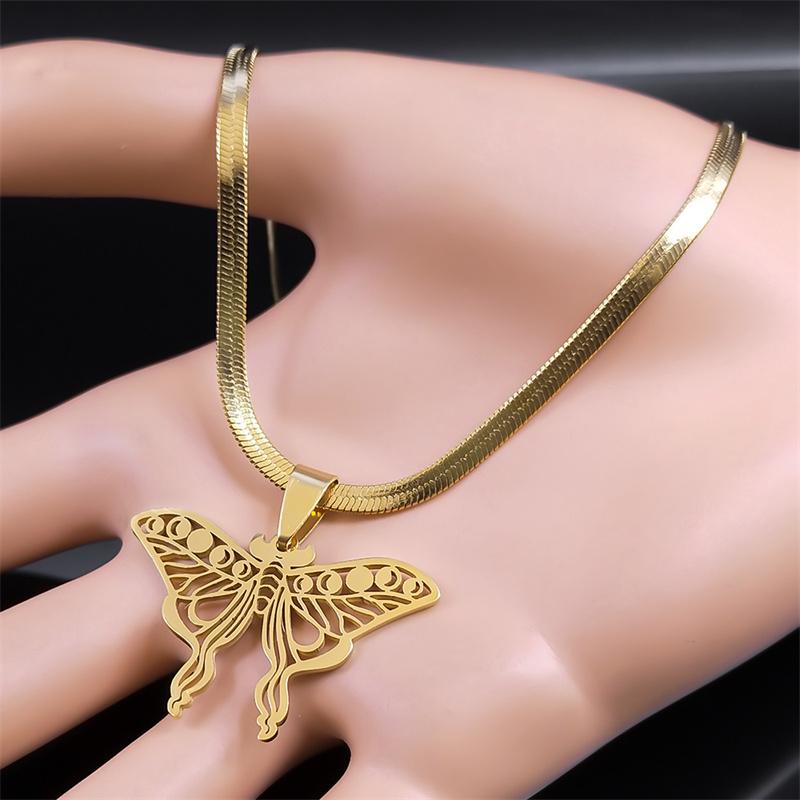 Moth Pendant Necklace Witchcraft Moon Phase Choker for Women Stainless Steel Gold Color Clavicle Chain Necklaces Jewelry N8025