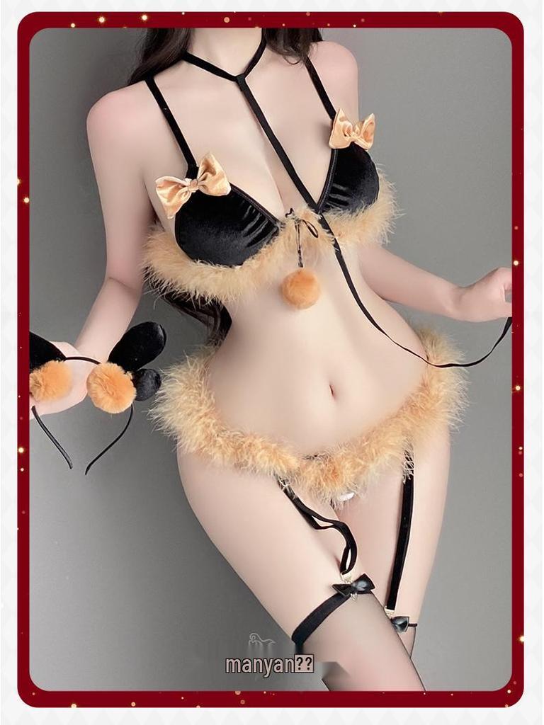 Man Yan Three-Piece Bowknot Reindeer Plush Lingerie Set 9891