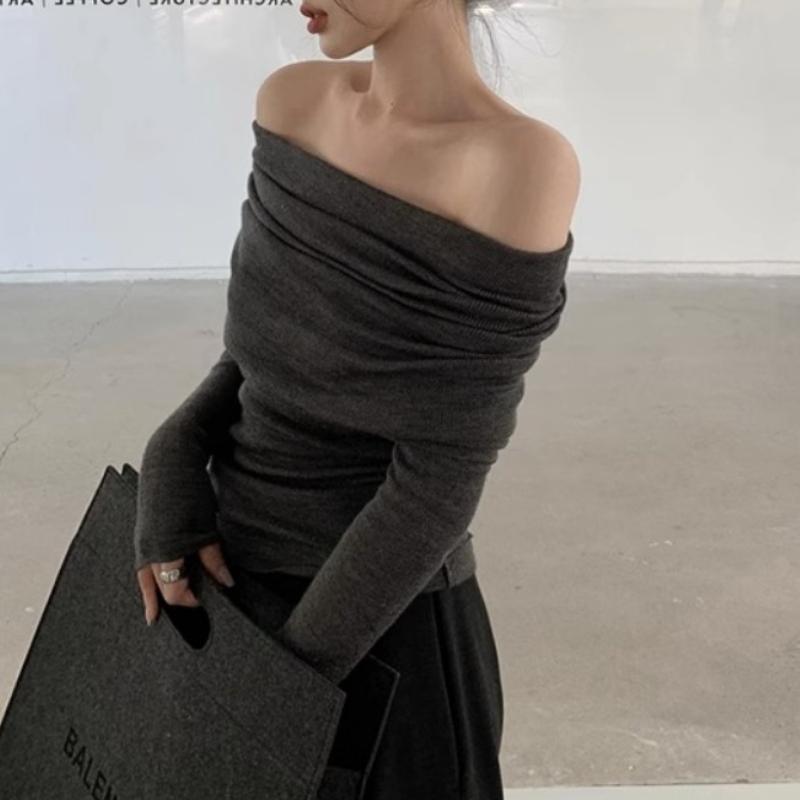 Autumn New Sexy One Shoulder Pullover Sweaters for Women Lapel Off Shoulder Long Sleeved Knitted Sweater Woman Elegant Casual Winter Knitwear 24861