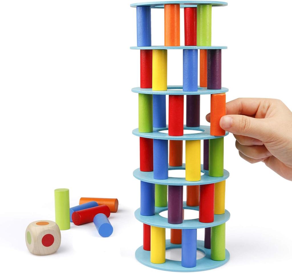 Coogam Wooden Tower Stacking Game, Fine Motor Skills Building Blocks with Dice, Slate Tower Toy, Montessori Family Party Games for Children and Adults