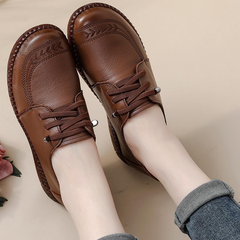 Cowhide Retro Ethnic Style Women Shoes Comfortable Tendon Soft-Soled Mother Shoes Genuine Leather Thick-Soled Leather Shoes