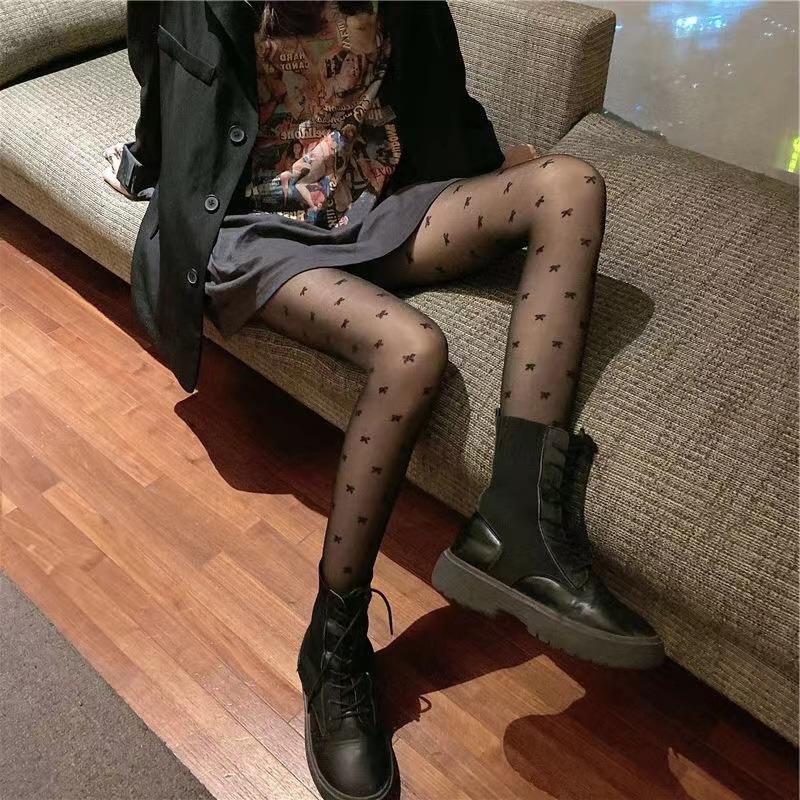 Dámské sexy Vintage falešné punčochy s potiskem mašličky z tenké síťoviny