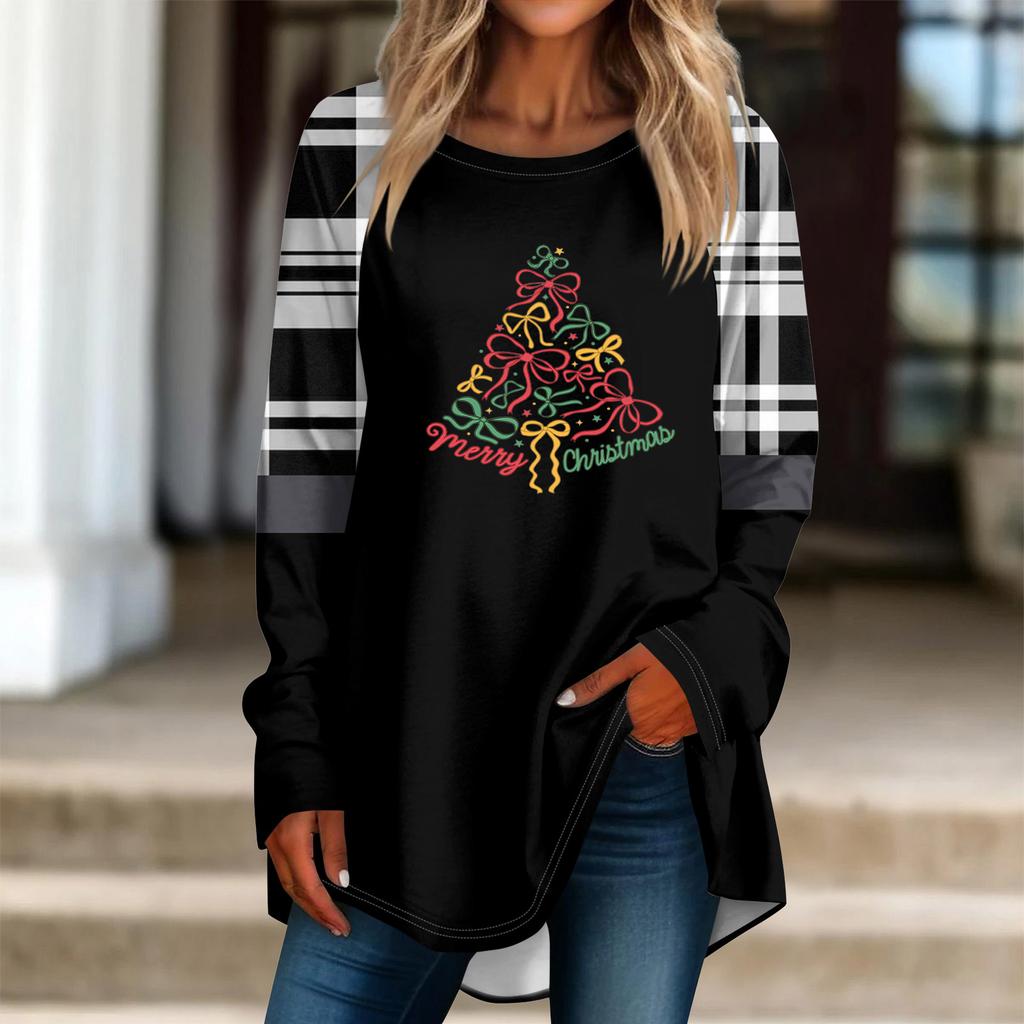 Fashionable Women's Loose Round Neck Christmas Small Print Long-sleeved T-shirt Top Pullover