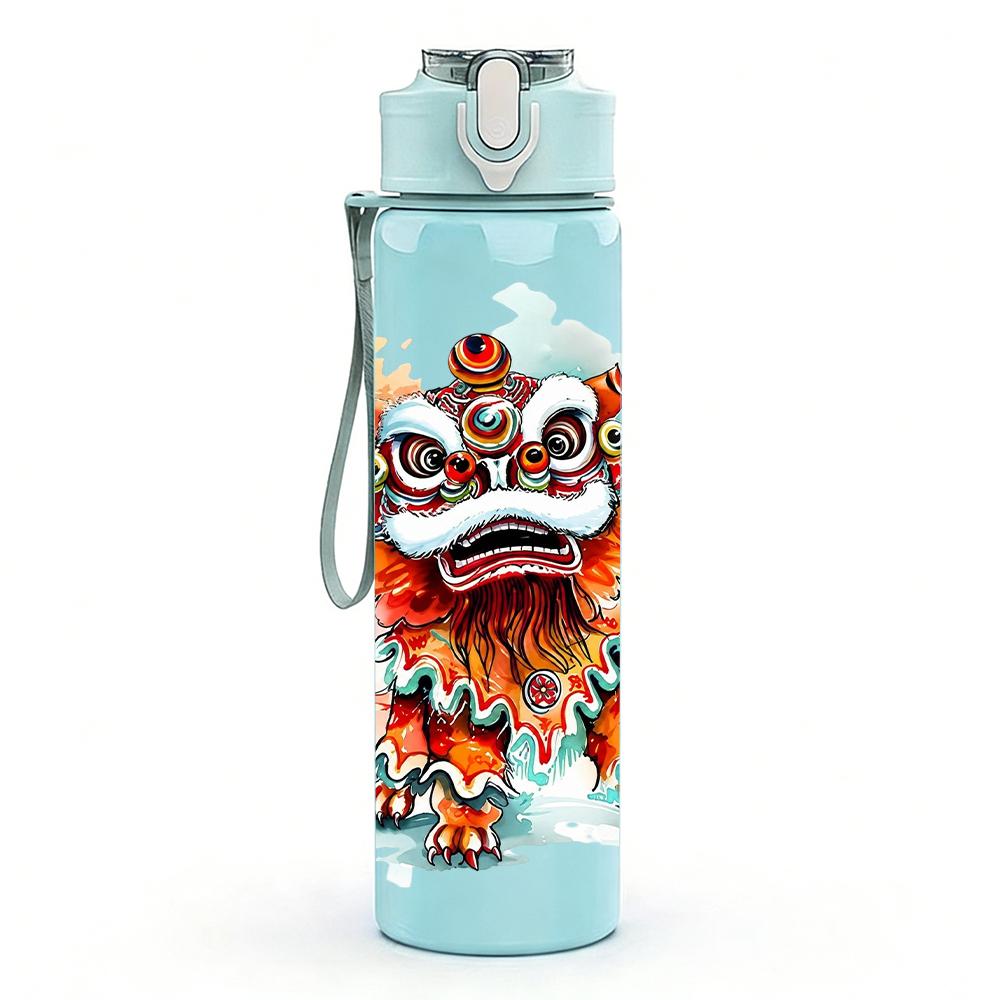 1PC Color Traditional Lion Dance Figure 750ml Color Plastic Water Bottle Leakproof Flip Straw Lid For Sports Office Home Use