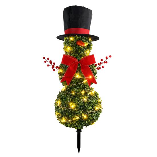 

Christmas Snowman Topiary 31 Artificial Snowman Shaped Topiary Tree with Red Bow With Light