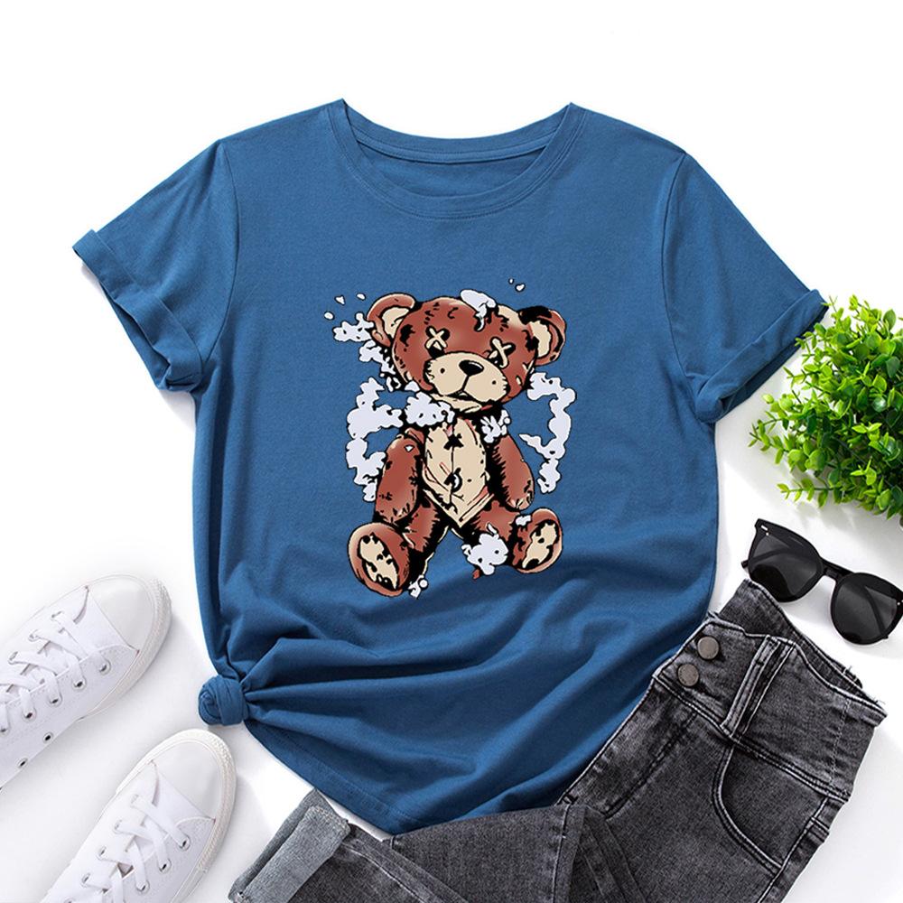 Cartoon Bear Cotton T-Shirt Short Sleeve Soft Tee Round Neck Women 2d Print Tops